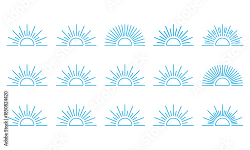  A collection of blue of rising suns with varying numbers of rays on a white background