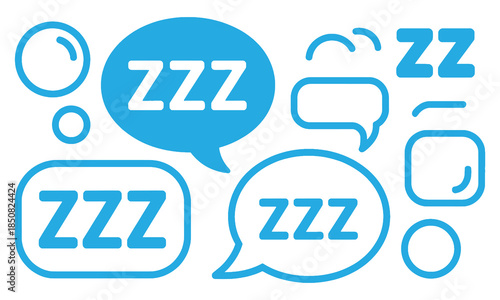 A collection of blue representing sleep with zzz symbols in speech bubbles and various shapes on a white background