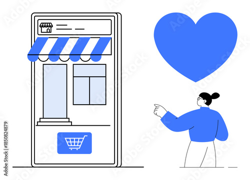 E-commerce, online shopping, customer loyalty, retail business, digital marketing, online stores. Digital storefront with cart icon and heart. E-commerce and online shopping concept