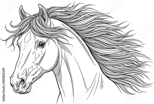 Detailed black and white line art drawing of a horse's head with a long, flowing mane.