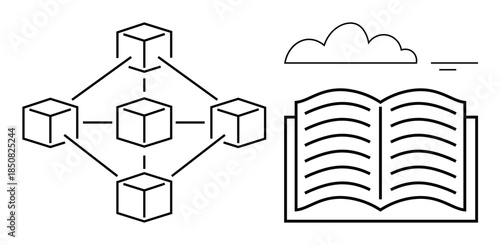 Blockchain concept. Blockchain interconnected cubes decentralized data sharing alongside an open book knowledge. Blockchain for education, data science, research, e-learning, innovation