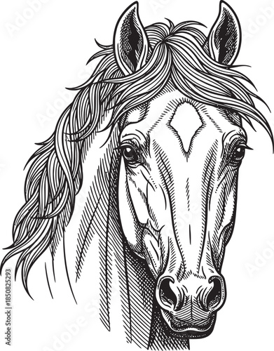 Detailed black and white line art illustration of a horse's head with a flowing mane and a diamond marking on its forehead.