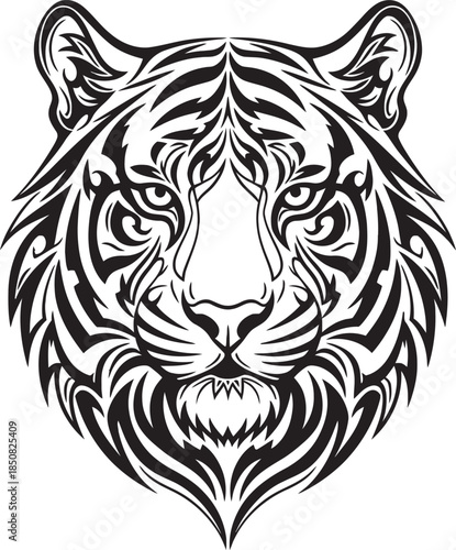 Black and white tribal style tiger head illustration with intricate patterns and fierce expression.