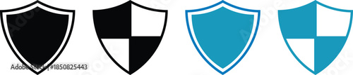 A set of four shield icons in black and blue featuring solid and patterned designs isolated on a clean white background perfect for security and protection concepts