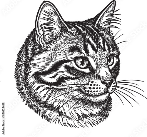 Detailed black and white line art drawing of a tabby cat's head looking to the right with intricate fur texture.