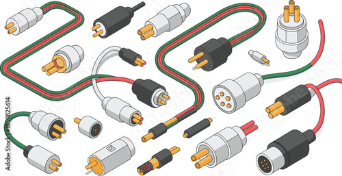Isometric electrical cable and plug collection with adapters connectors and power cords, detailed technology and energy illustration set