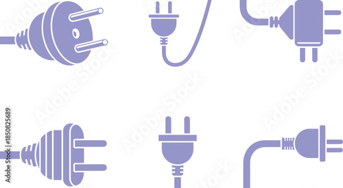 Black and white electrical plug icons set, minimalist power cable and socket silhouettes for technology and electricity design