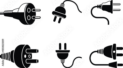 Black and white electrical plug icons set, minimalist power cable and socket silhouettes for technology and electricity design