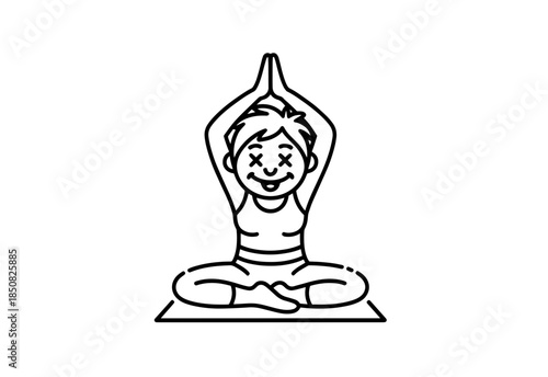 A happy young woman in sportswear doing a seated straddle stretch, isolated on a white background.