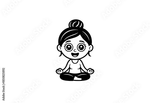 A happy young woman in sportswear doing a seated straddle stretch, isolated on a white background.