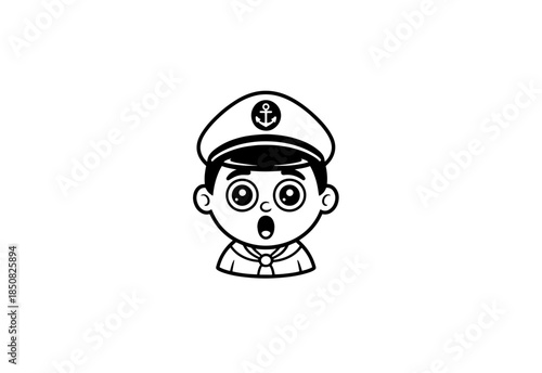 Vintage monochrome marine label with seaman in sailor captain. Bearded ship captain peaked cap for marine nautical logo design for sailor