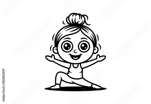 A happy young woman in sportswear doing a seated straddle stretch, isolated on a white background.