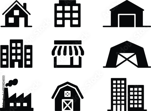 Building and property icons set with house apartment factory warehouse shop barn city silhouettes minimal vector collection