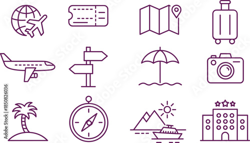 Travel and tourism line icons set with airplane map luggage camera compass hotel beach destination outline vector collection