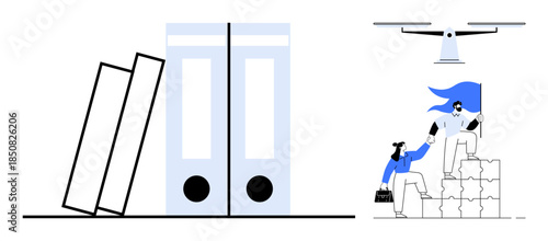 Business management, teamwork, leadership, innovation, technology, organization. Two folders in a row, a quadcopter and two people collaborating on stacked blocks. Teamwork and organization concept