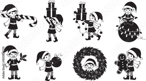Christmas Elves Vector Icons Set Featuring Festive Activities and Symbols for Holiday Decorations and Graphics