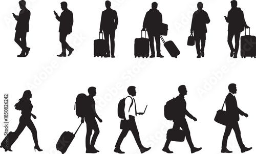 Collection of Silhouettes of Travelers with Luggage and Gadgets, Depicting Journey and Mobility