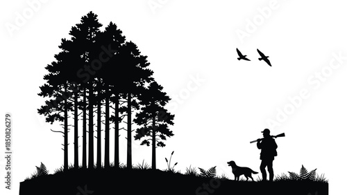 Hunter dog and birds near pine forest silhouette 