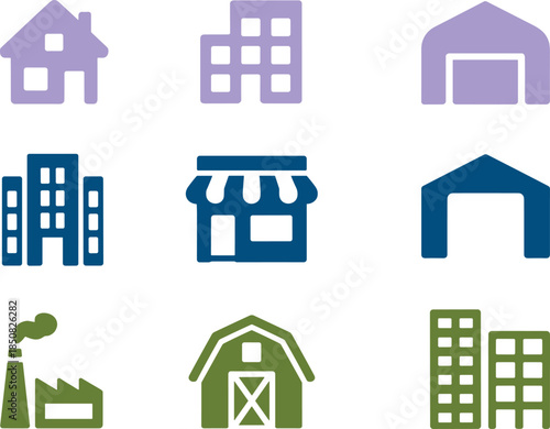 Building and property icons set with house apartment factory warehouse shop barn city silhouettes minimal vector collection