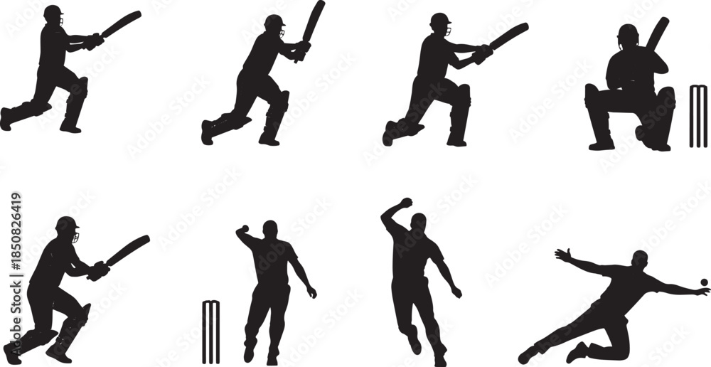 Obraz premium Silhouettes of Cricket Players in Action during a Match A Dynamic Collection of Sports Illustrations