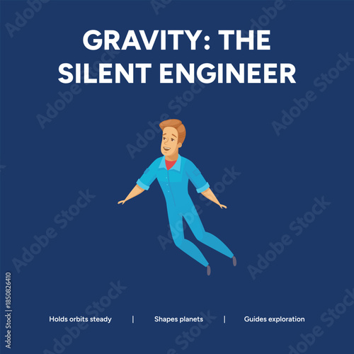 Cartoon man floating in zero gravity with a smile