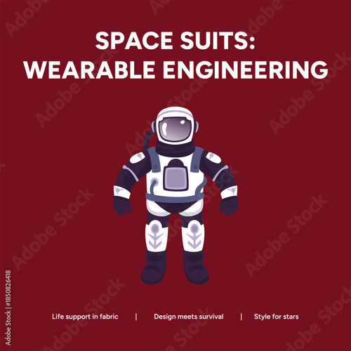 Astronaut in modern space suit standing against red background