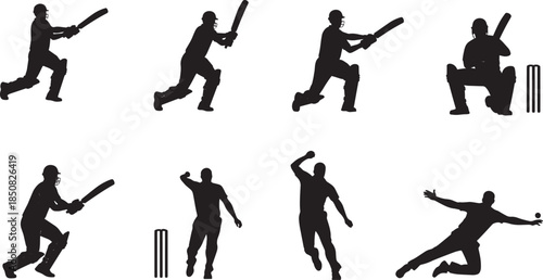 Silhouettes of Cricket Players in Action during a Match A Dynamic Collection of Sports Illustrations