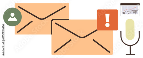Two large envelopes, notification alert, user icon, voice mic, and analytics graph highlight digital communication. Ideal for email, messaging, alert systems, data tracking remote work branding