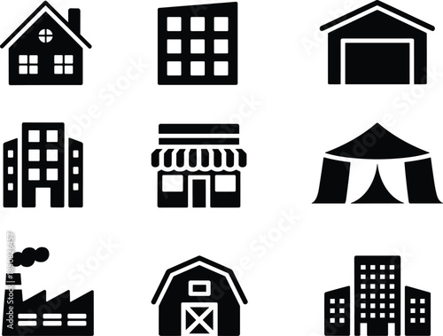 Building and property icons set with house apartment factory warehouse shop barn city silhouettes minimal vector collection