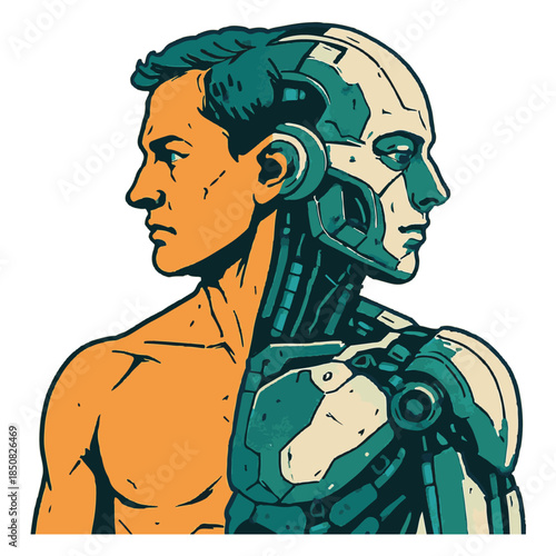 Split-view illustration of human and robot halves fused together, symbolizing transhumanism and identity fusion.