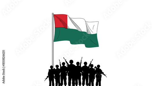 Vector illustration showing the silhouettes of a group of armed soldiers in front of a waving United Arab Emirates (UAE) flag.