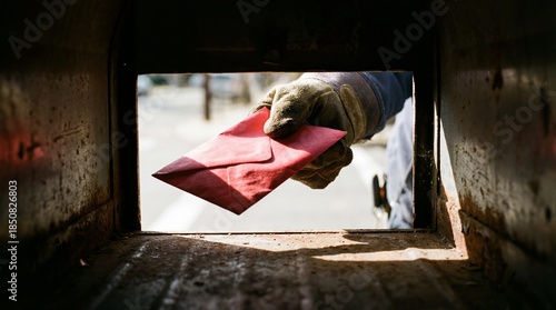 Intriguing first-person view from inside an old rustic mailbox as a gloved hand inserts a bright red envelope, suggesting a secret message or urgent delivery.