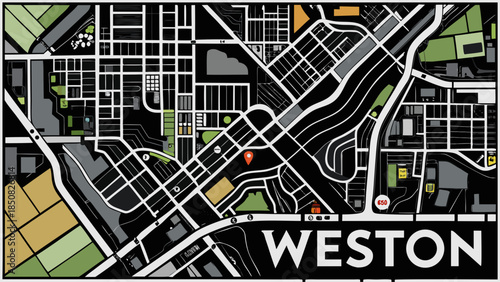 Very beautiful aerial drone style street map of Weston, Wyoming, presented with clean black and white lines, highlighting urban layout, roads, and structured geographic design.