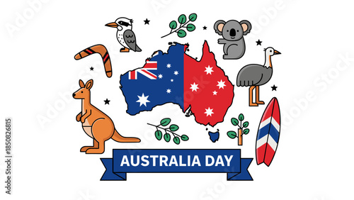 A festive vector collection celebrating Australia Day. Featuring the Australian map with flag colors, surrounded by iconic symbols including a kangaroo, koala, kookaburra, emu, boomerang, surfboard