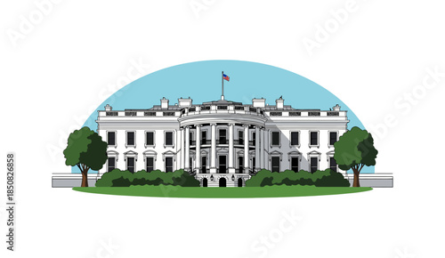 Detailed vector illustration of The White House in Washington D.C. with a semicircular blue sky background, green trees, and the United States flag waving above.