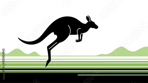 "A black silhouette of a jumping kangaroo against a minimalist background featuring green horizontal stripes and abstract rolling hills.
