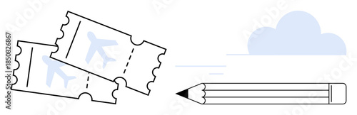 Travel planning, creative writing, trip organization, journey preparation, ticket booking, vacation ideas. Two airplane tickets, pencil and cloud. Travel planning and creative writing concept