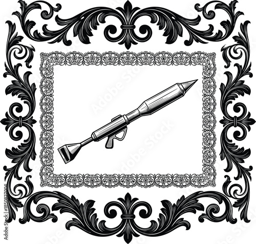 Black and white ornate frame surrounding a vintage illustration of a rocket launcher weapon firearm