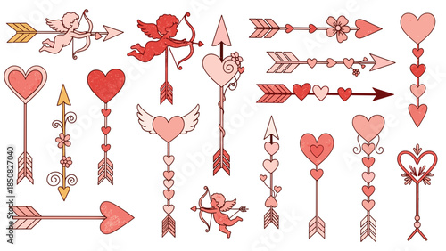 Set of handdrawn romantic love arrows hearts and cupid illustrations