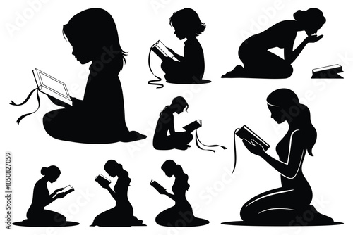 Silhouettes of women reading books in various positions