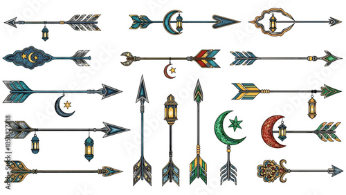 Collection of decorative antique arrows with detailed designs and patterns