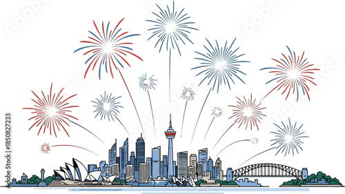 Vector illustration of Sydney skyline during celebrations, featuring Sydney Opera House, Harbour Bridge and colorful fireworks over skyscrapers.