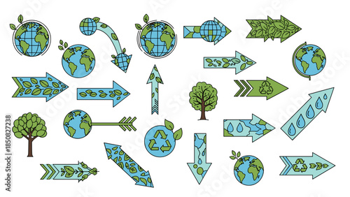 Collection of environmental conservation symbols with green arrows and earth
