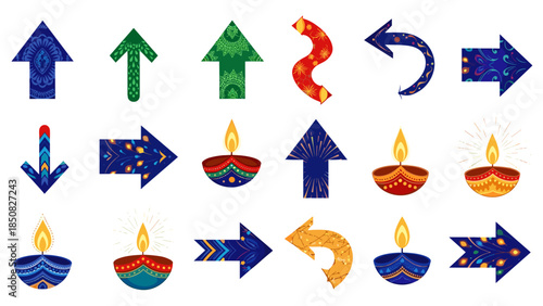 Collection of colorful arrows and candles for directional guidance