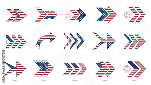 Set of american flag arrows in various designs and styles for patriotic themes