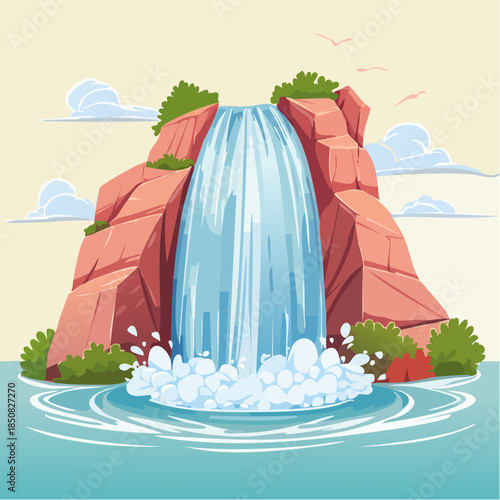 Cartoon illustration of a waterfall cascading over red rocks into a pool of water, with clouds and birds in the background.