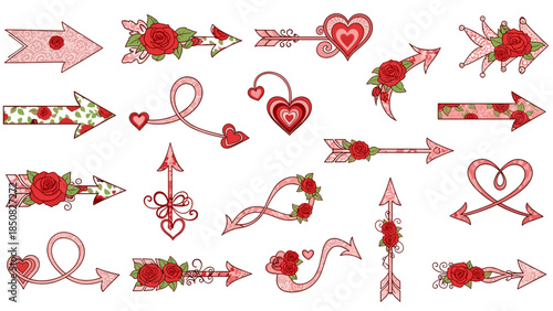 Set of romantic arrows and hearts illustrations for love themes