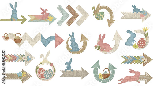 Set of colorful decorative arrows and rabbits with various designs