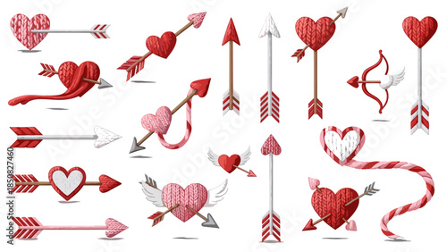 Set of love arrows with hearts in various designs and colors