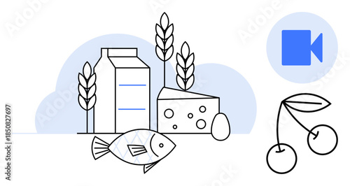 Nutrition, health education, organic food choices, dietary planning, sustainable eating, culinary guidance. Line art of milk carton, cheese wheat fish cherries and video icon. Nutrition